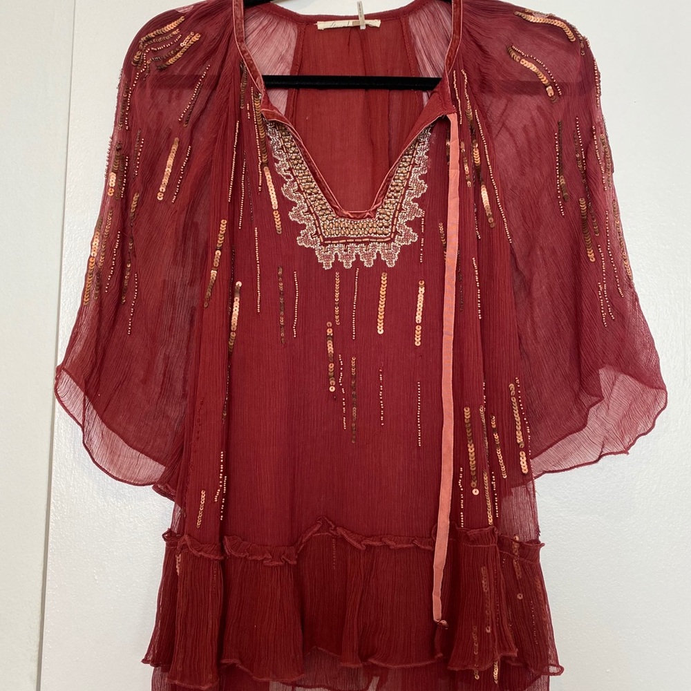 Sequined and Beaded Red Chiffon Blouse